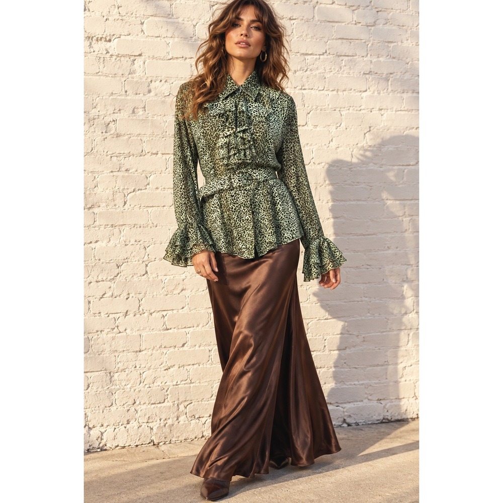 Brioni Roma Green Silk Leopard Print Ruffle Blouse Belted Bell Sleeve 46 L